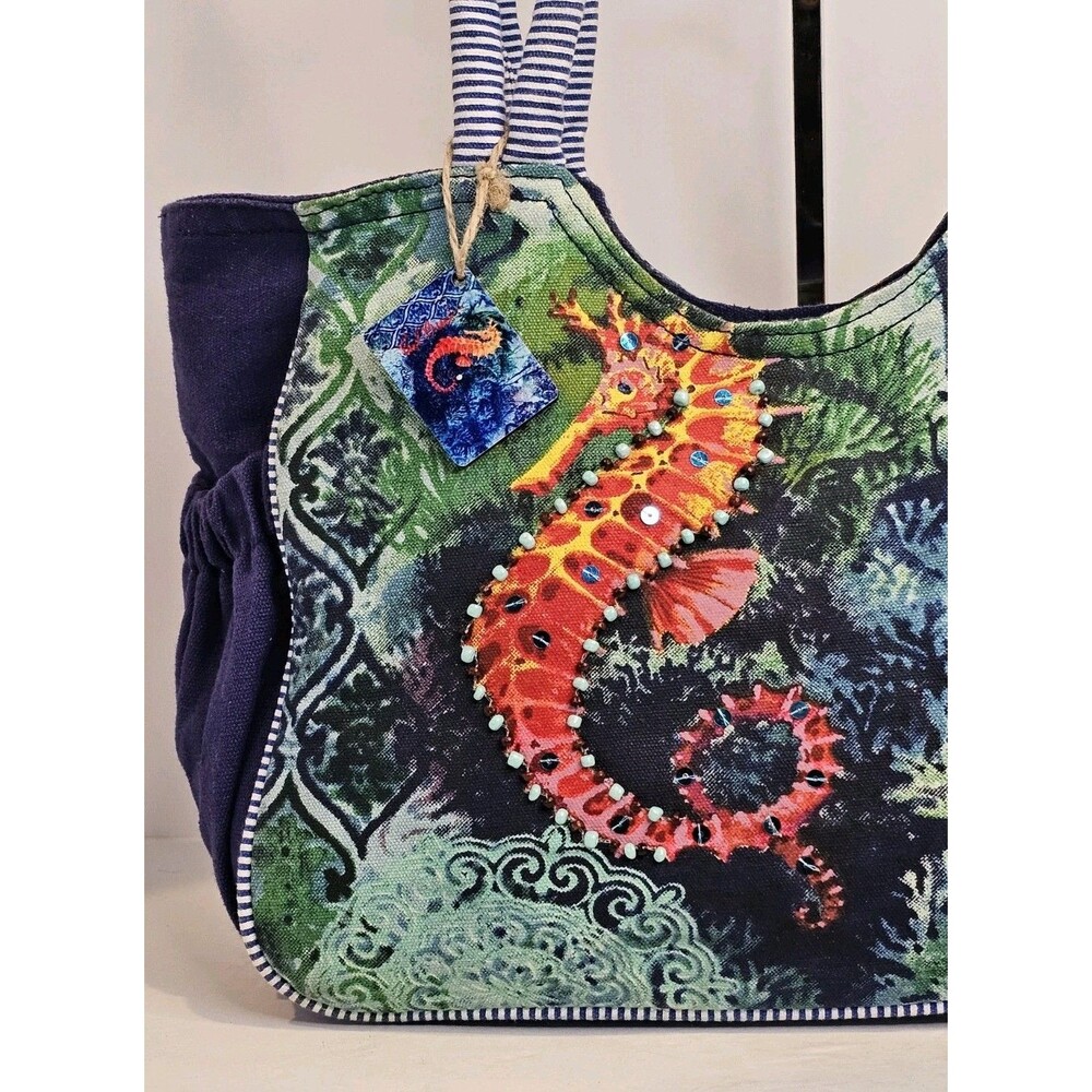 Paul Brent Seahorse Canvas Tote Bag Large Braided Shoulder Purse Beach Cruise - Picture 3 of 16